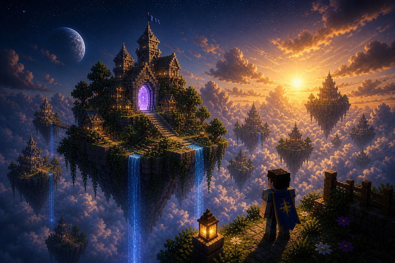 A premium Minecraft-inspired Skyblock spawn with floating islands, clouds, and a celestial sunrise
