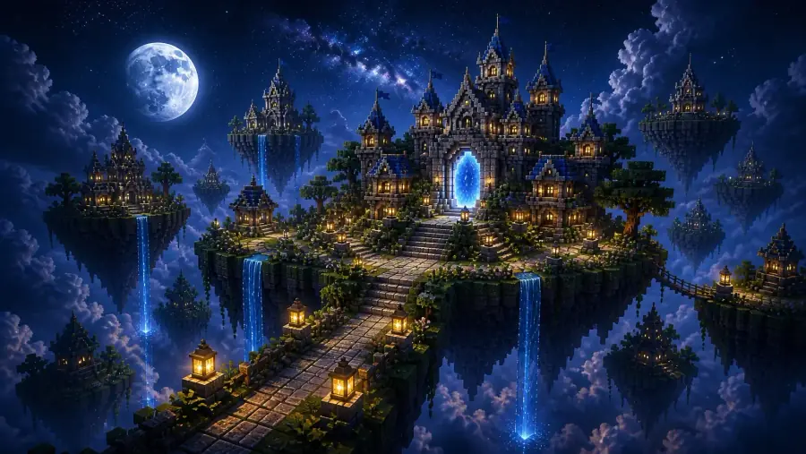 Asteria Skyblock floating spawn islands beneath a moonlit celestial sky