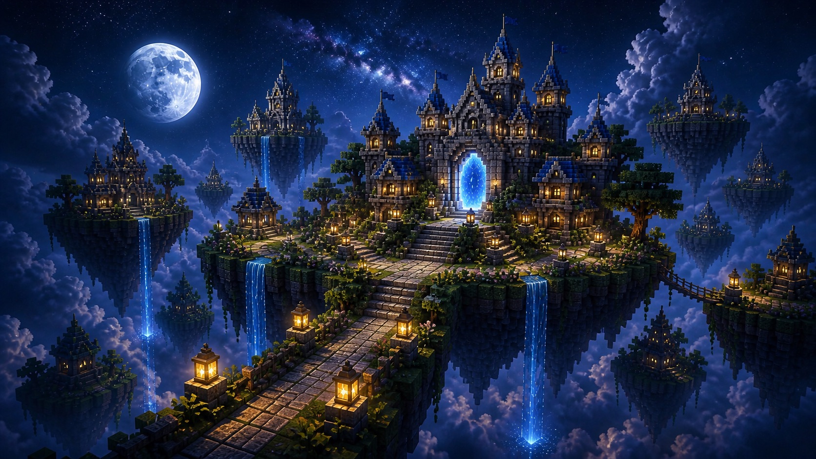 Asteria Skyblock floating spawn islands beneath a moonlit celestial sky