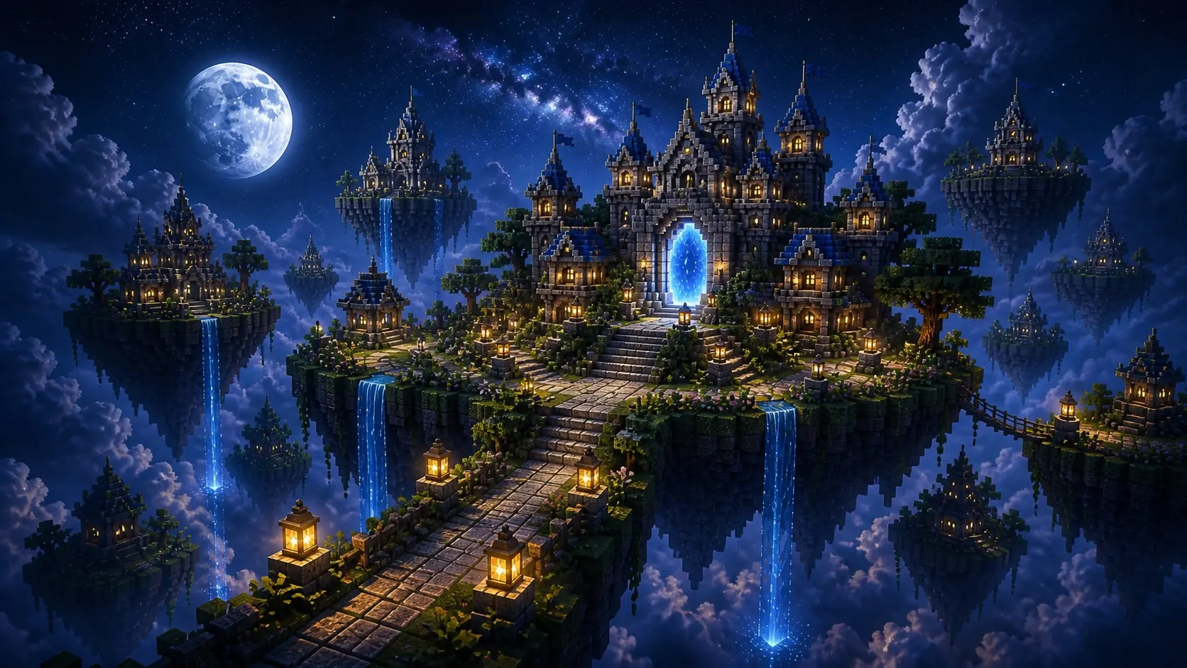 Asteria Skyblock floating spawn islands beneath a moonlit celestial sky