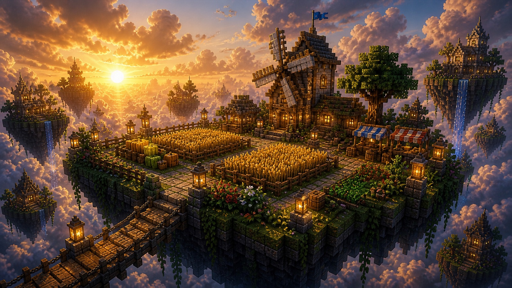 A developed floating Skyblock island with wheat fields, a windmill, market stalls, and warm lanterns