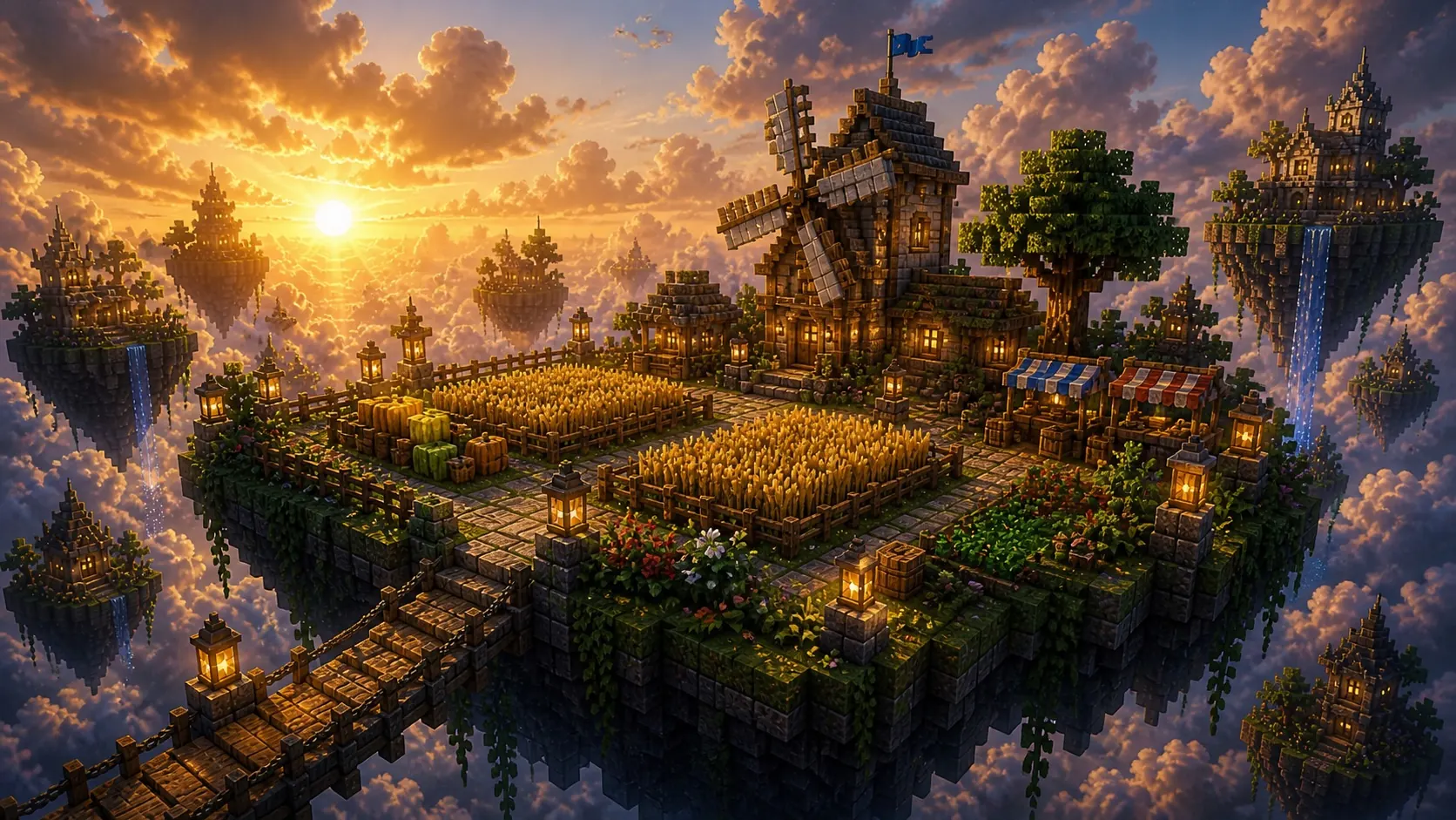 A developed floating Skyblock island with wheat fields, a windmill, market stalls, and warm lanterns