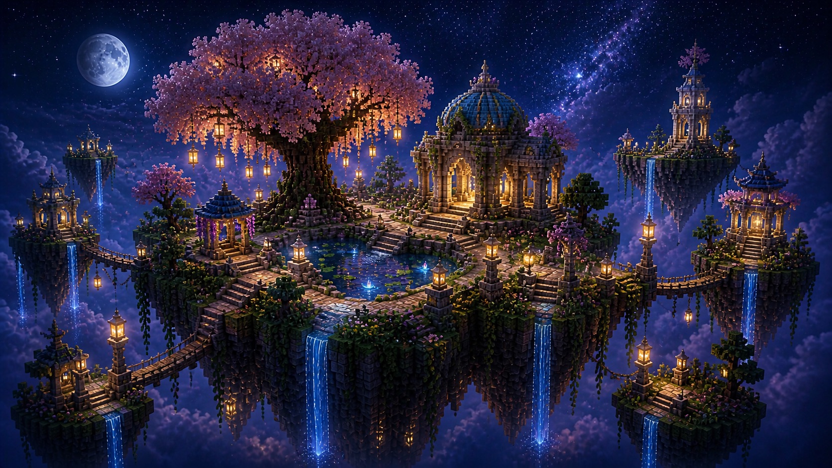 Moonlit celestial floating island garden prepared for an Asteria launch season