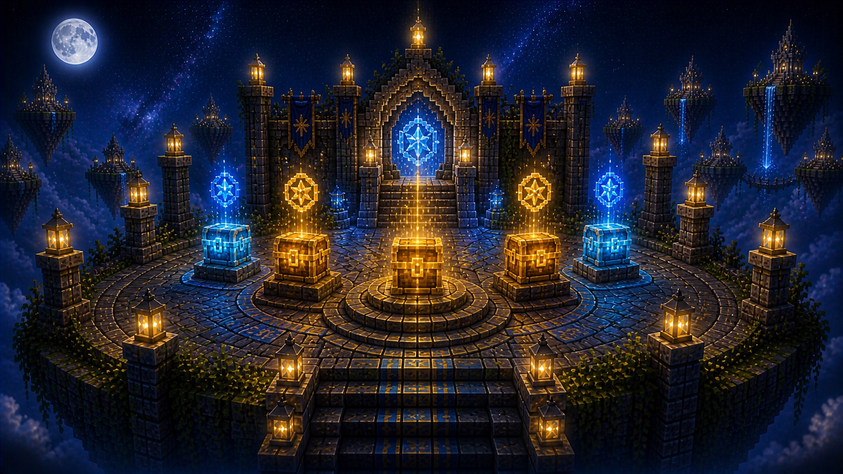 A celestial Asteria Skyblock vote reward hall with glowing crates and tokens